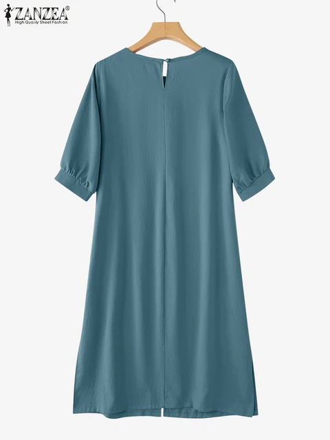 ZANZEA Estate Increspato Texture Abiti Midi Donne Girocollo Mezza Manica a Soffio Fessura-Hem Robes Femme Casual Allentato Solido Abiti 4
