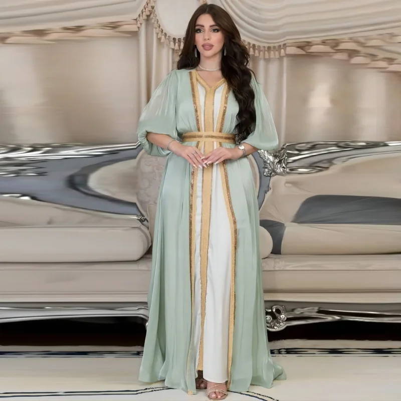 2023 Muslim Sets Hot Diamond Light Luxury Dress Abaya Femme Bright Silk Satin Three-piece Set Ensembles Musulmans