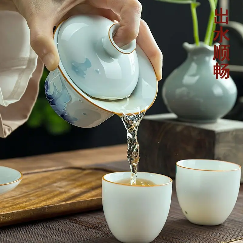 

Gaiwan Tureen Tibetan Teaware Pure Soup Lid Dehua Hand-painted Sancai Cup Ceramic Household Kungfu Tea Set Maker Serving Bowl