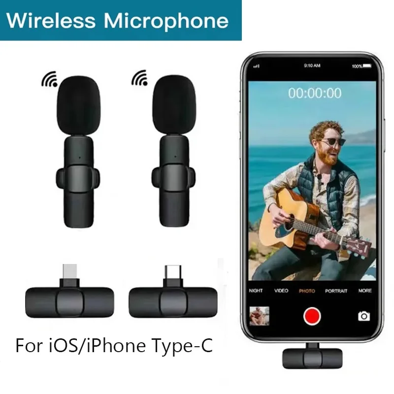 K9 Wireless Lavalier Microphone Portable Audio Video Recording Mini Lapel Mic Microfone for IPhone TypeC Ipad Live Game Phone