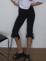 Women Capri Pants Solid Color Elastic Waist Tie-Up Summer Casual Cropped Pants Stretch Crop Leggings - Image 5