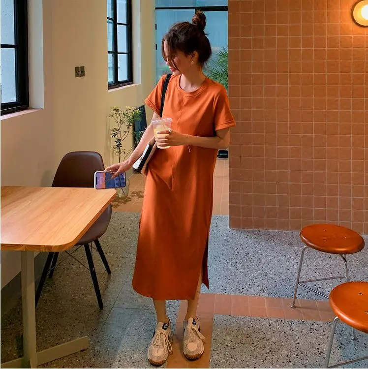 Casual Backless T Shirt Dress Summer New Round Neck Short Sleeve Solid Color Loose Midi Dress Fashion Trend Women Clothing