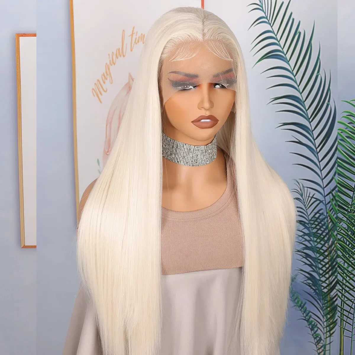 Soft Preplucked Ash Blonde White 26Inch 180Density Straight Lace Front Wig Synthetic With Baby Hair Glueless For Daily Wear