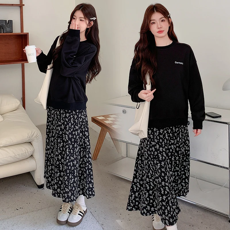 Maternity Spring/Autumn New Loose Fashion Long Sleeve Sweatshirt Floral Skirt Two-Piece Set