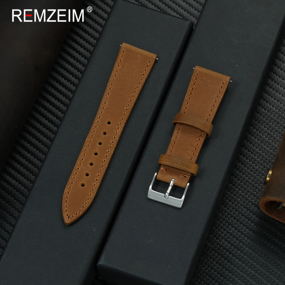 Men's Soft Durable Quick Release Crazy Horse Leather Watch Strap