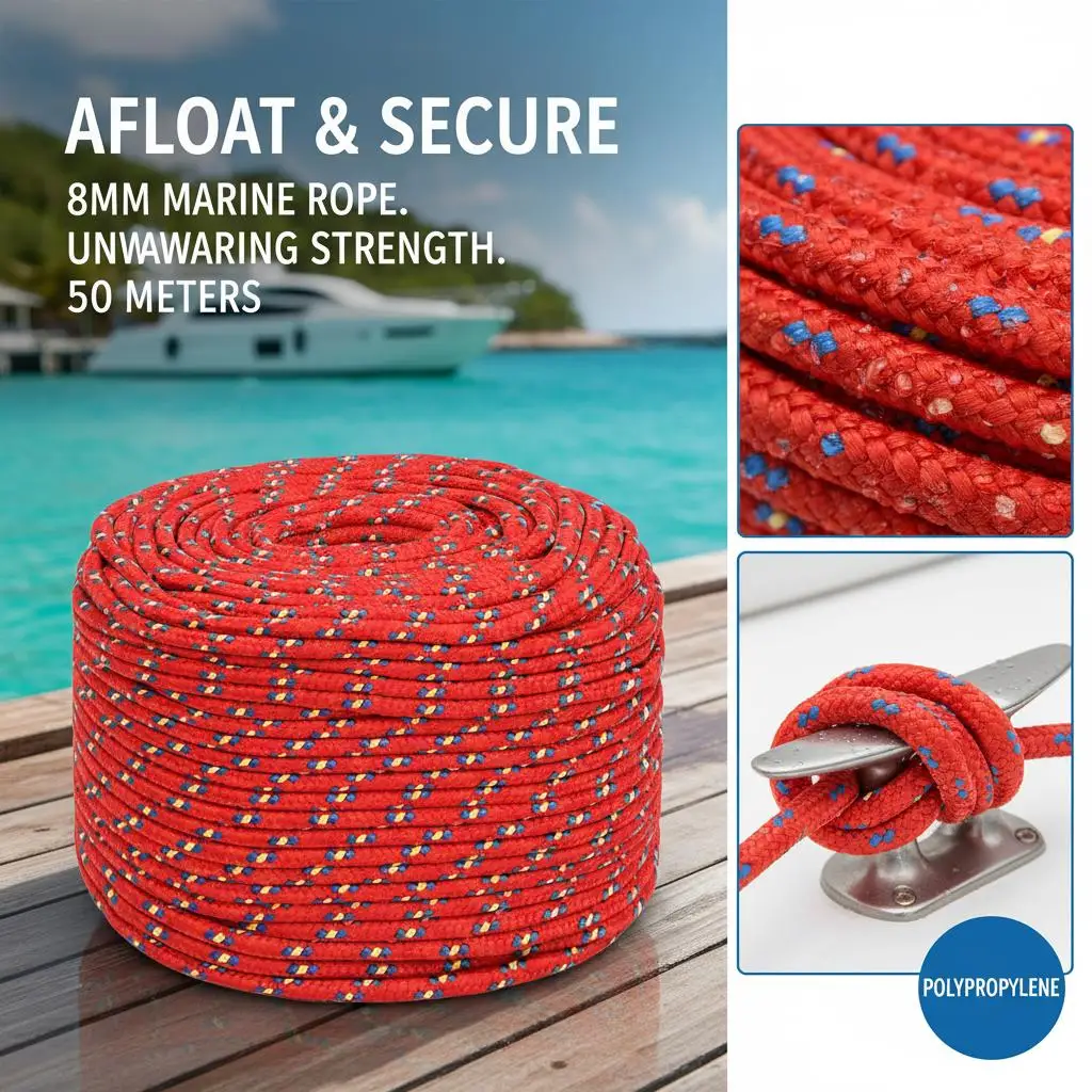 Rote Bootsleine 8 mm x 50 m aus Polypropylen, Bruchlast 420 kg, für Anlegen, Marine und vielseitigen Außeneinsatz – Detail 2