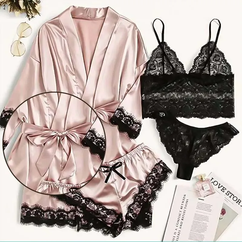 Women Pajamas Set Fashion Print Lace Trim Faux Silk Satin Gown Skin Friendly Comfort Loungewear