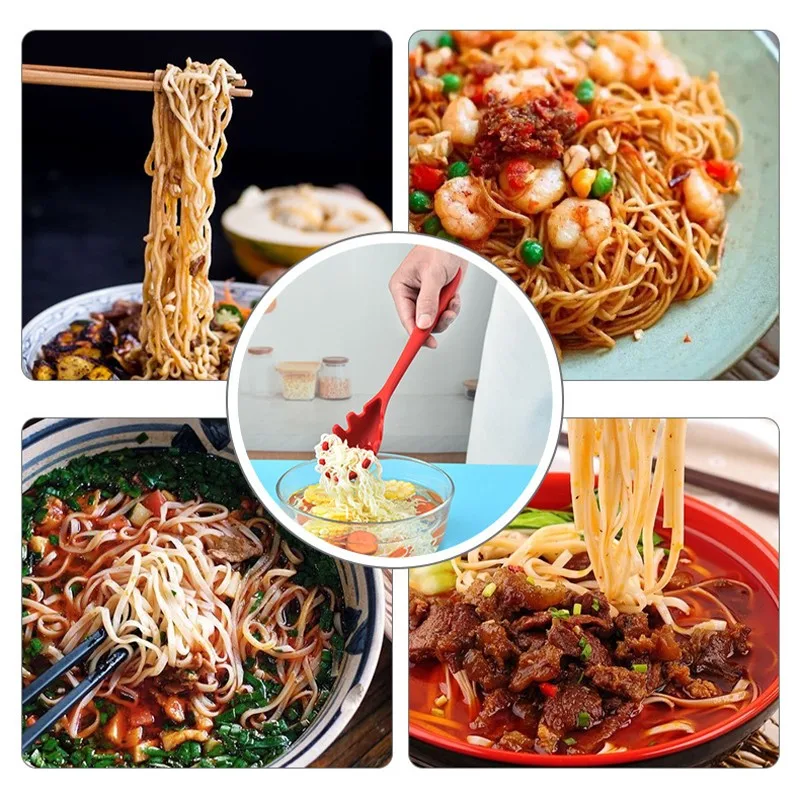 Description Picture 6 of item1pcs Silicone Pasta Noodle Spoon Pasta Scoop Colander Noodle Spaghetti Fork Ladle Slot Spoon Nylon Drain Strainer Kitchen Gadget