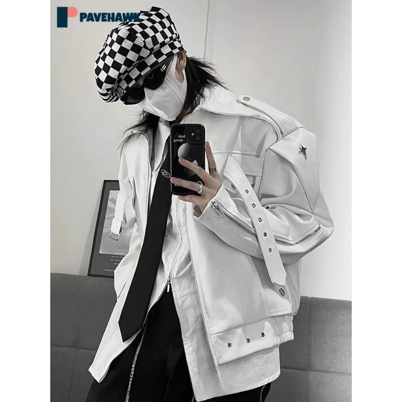 

High Street Motorcycle Leather Jacket Men Women American Retro Hip Hop PU Bomber Jackets Spring Punk Metal Design Handsome Coats