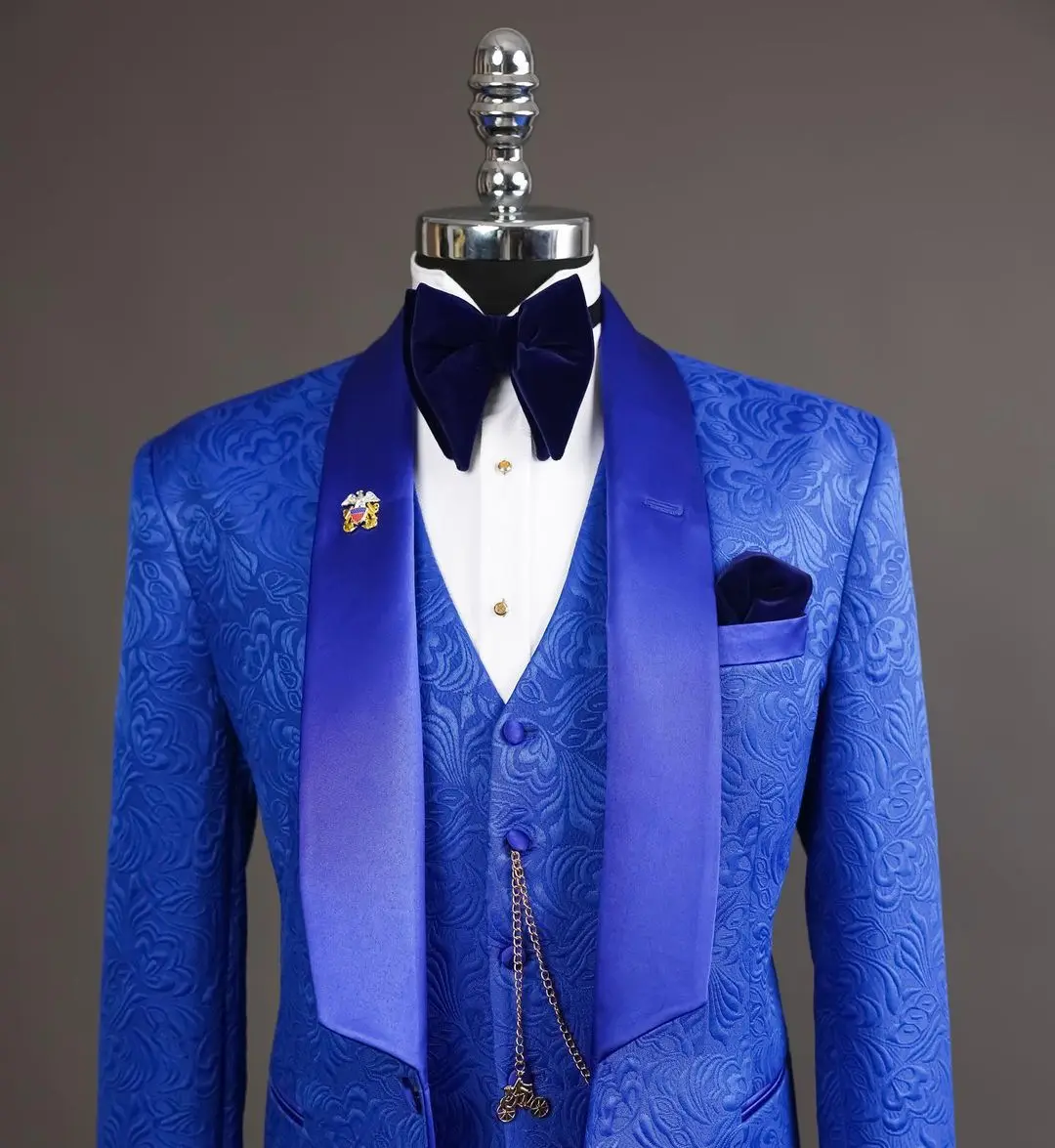 Men Suits For Wedding 2023 Latest Design Custom Made Royal Blue Jacquard Smoking Tuxedo Jacket 3 Piece Groom Terno Suits For Men
