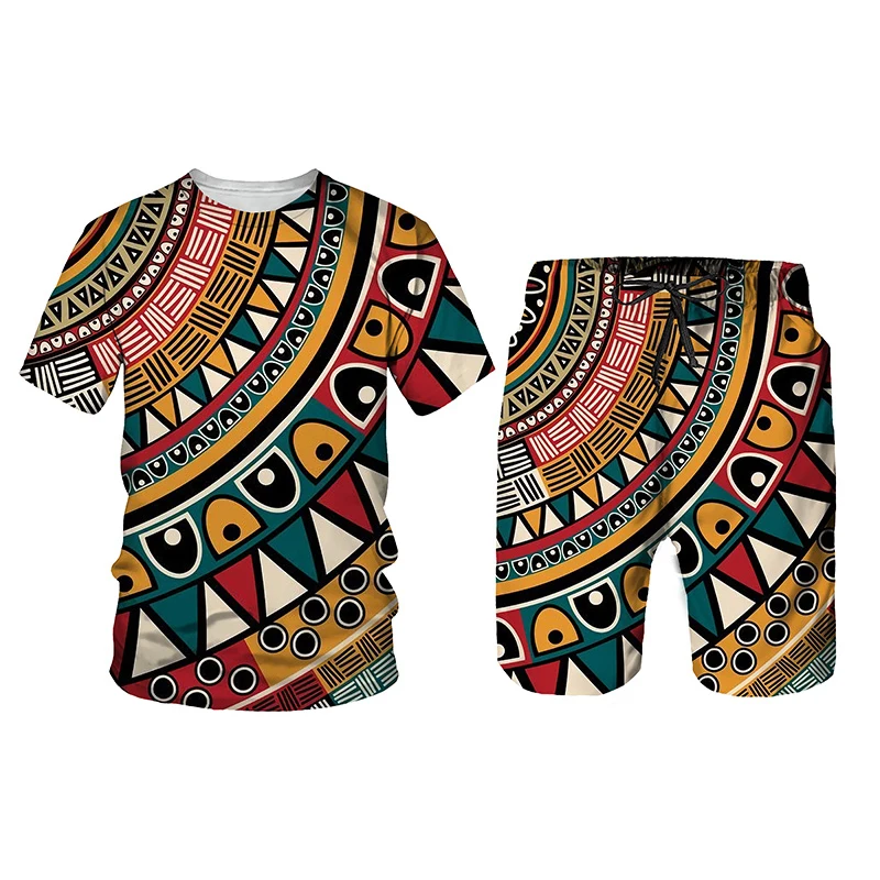 New Summer Men's Tracksuit Popular African Style 2 Pieces Round Neck Loose Breathable Set Egyptian Style Contrasting Colors Suit