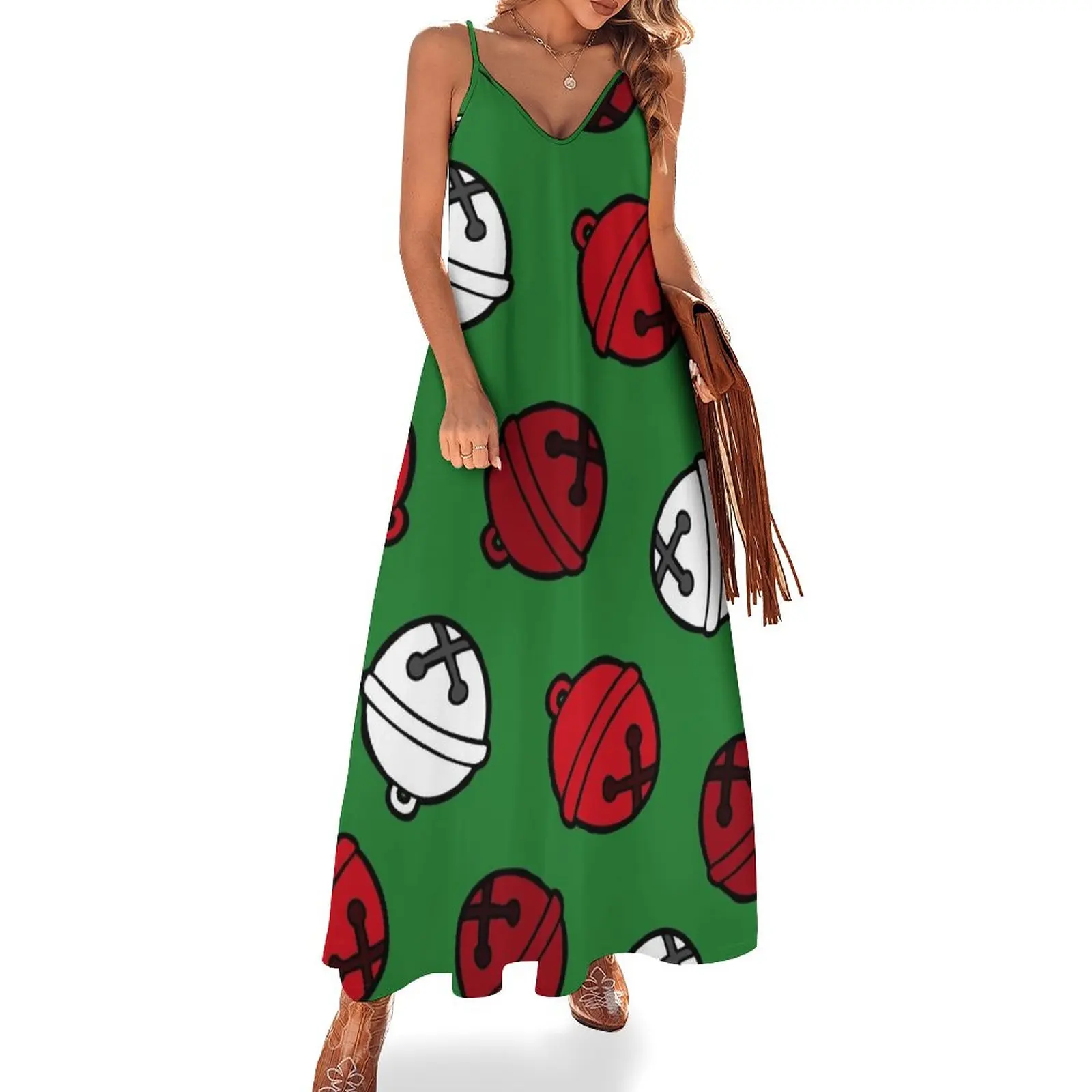 

Jingle Bells Christmas Pattern in Red, White and Green Sleeveless Dress evening dresses ladies dress for women