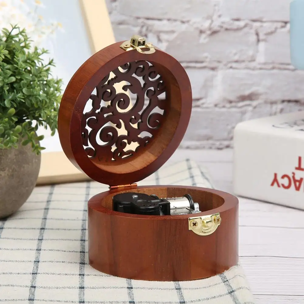 Round Wood Carving Music Box Castle In The/Swan Lake Hand Cranked Clockwork-Ideal For Birthday & Christmas Gift