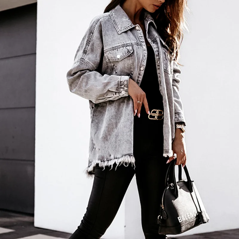 

2023 Long Sleeve Spring Loose Jackets Europe America Street Style Casual Coats New Tassel Gray Denim Jacket Women Boyfriend Coat