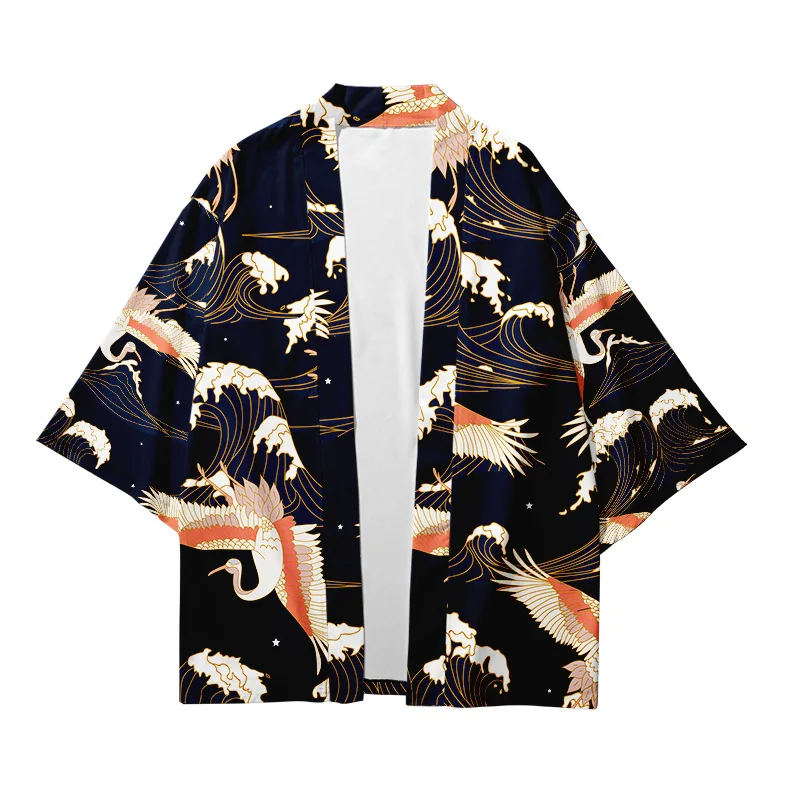 Summer Asian Traditional Dress Men's and Women's Crane Printed Kimono Cardigan Harajuku Yukata Dark Haori Shirt Jacket