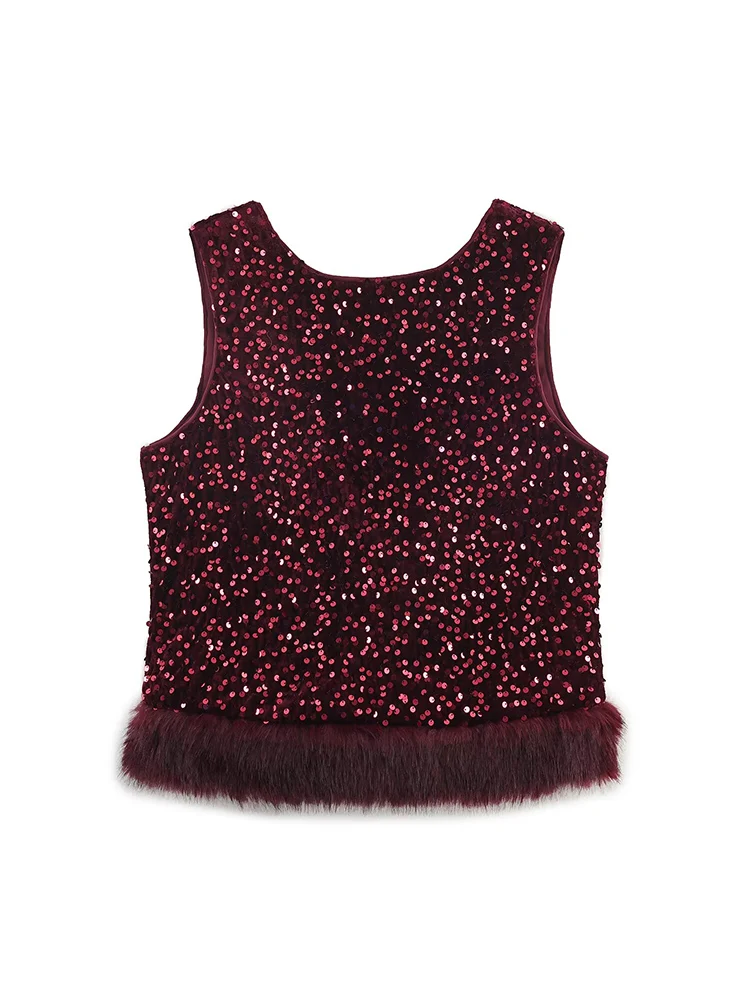 Women Sequins Vest Long Pant Set Chic Faux Fur Sleeveless Tank Top Shiny Straight Pants Female Elegant Club Holiday Outfits