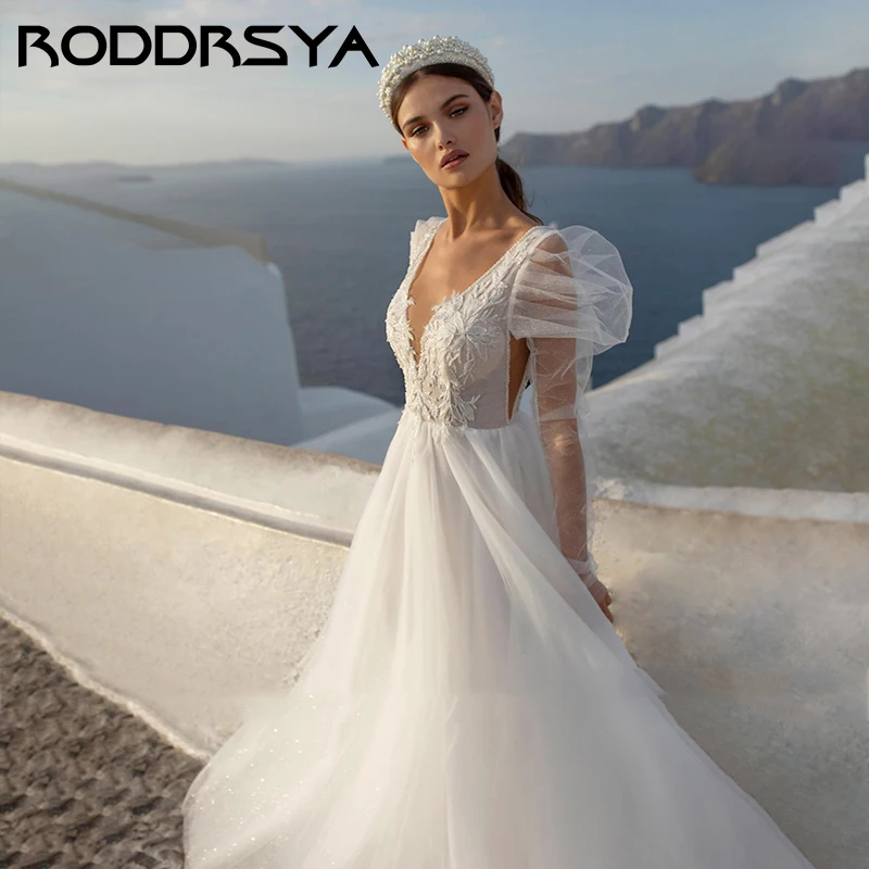 

RODDRSYA Sexy Deep V-Neck Backless Wedding Dress Elegant A-line Bishop Sleeve Bride Party Romantic Tulle Applique Trouwjurk