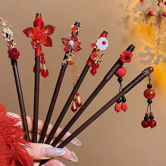 Retro Red Flower Wooden Hair Stick For Women 2025 New Year Hanfu Hairpin Chinese Style Hair Fork Hanfu Accessories Retro Red Flower Wooden Hair Stick For Women 2025 New Year Hanfu Hairpin Chinese Style Hair Fork Hanfu Accessories