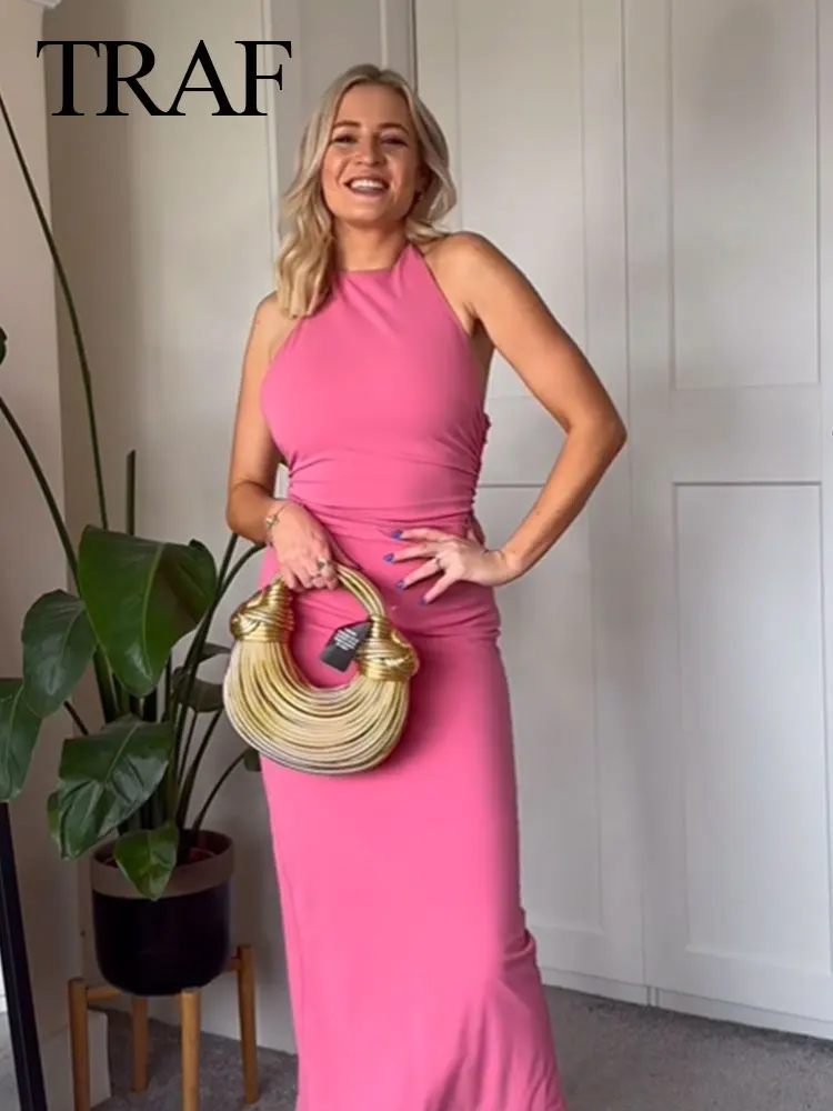 

TRAF 2024 Woman Folds Back Zipper Slit Hem Decorate Party Dresses Women Chic Halter Neck Sleeveless Backless Long Dresses