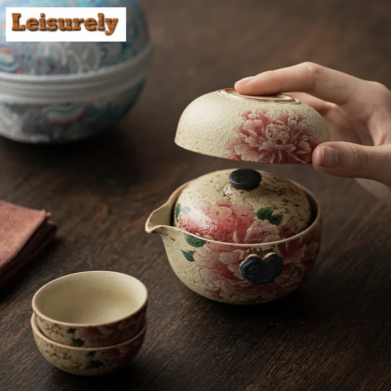 Blue And White Flint Red Ruyi Travel Tea Set Kit Japanese 1 Pot 3 Cups Tea Making Organizer Portable Outdoor Tote Bag Ornaments