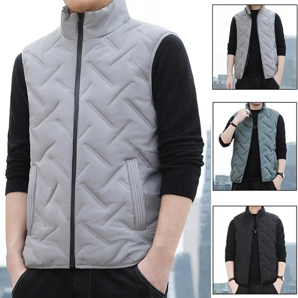 Description Picture 3 of itemMen Waistcoat Embossing Cotton Padded Vest Coat Spring Autumn Sleeveless Jacket Men Warm Pockets Waistcoat Keep Warm Vest Top
