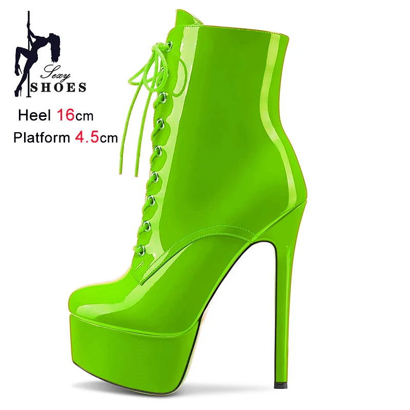 Europe And America Lady Short Boots Sexy Super High Heel Woman Boots Round Toe Patent Leather Waterproof Platform Stiletto Shoes