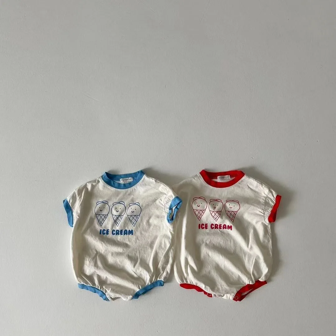 2023 Summer New Baby Cute Ice Cream Print Clothes Set Infant Boy Short Sleeve T Shirt 2pcs Set Cotton Baby Girl Plaid Shorts Set