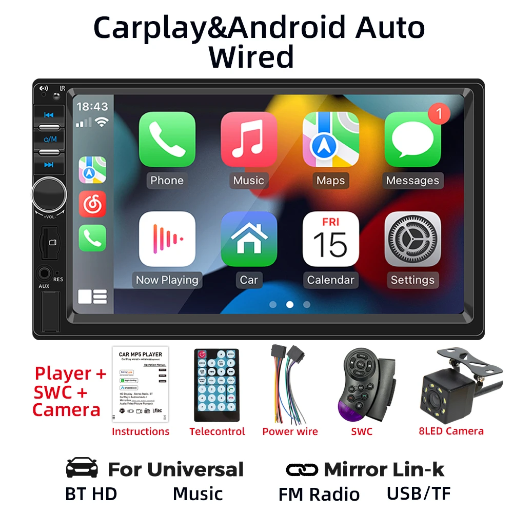 Autoradio 2 DIN 7 Pollici HD Con CarPlay E Android Auto – Touchscreen, Bluetooth, Mirror Link, USB, AUX, Radio FM, Telecamera Posteriore Inclusa