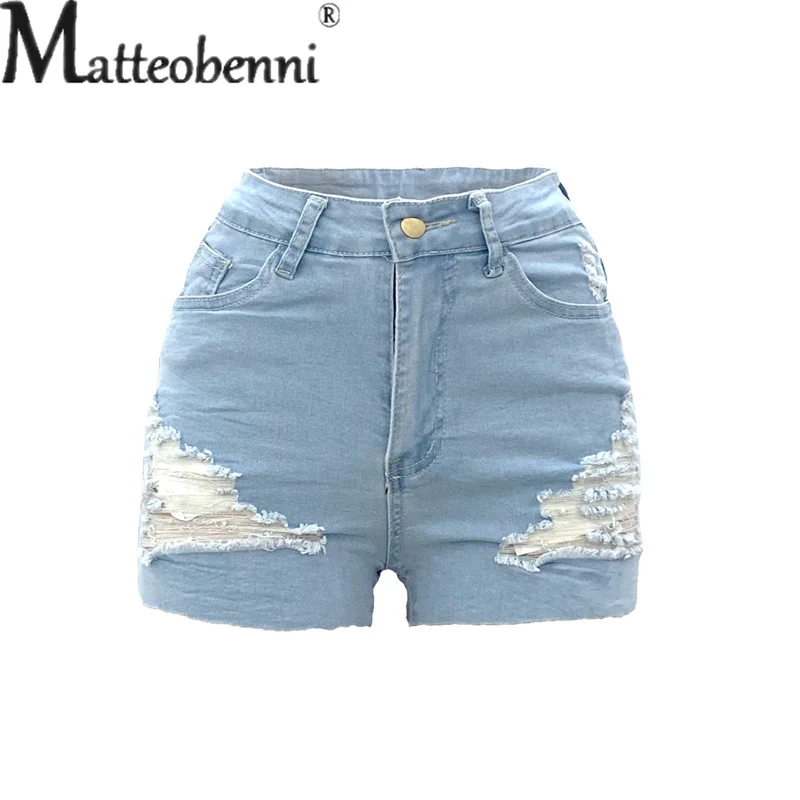 Fashion High Waist Button Splicing Stretch Denim Shorts 2023 Summer Women's Solid Color Broken Holes Three Quarter Pants Female