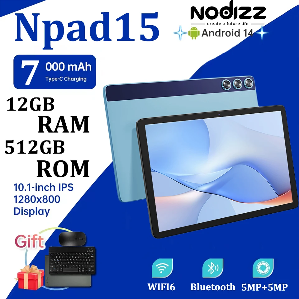 Android Tablet Npad15 Tablet 10.1'' FHD 12GB RAM + 512GB ROM MTK6735 Core 1280*800 Display Android 14 5G WIFI 7000mAh Dual Camera Type-C Tablets