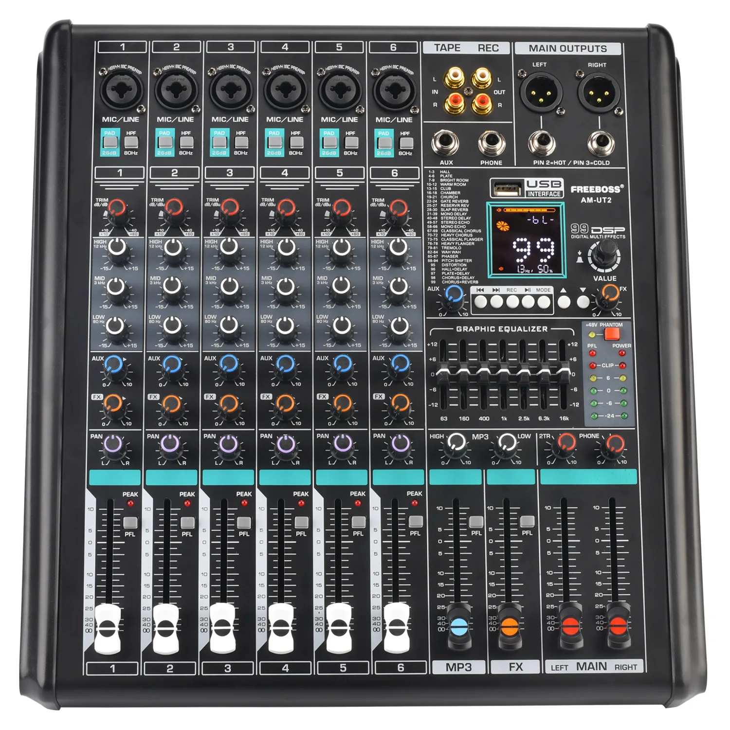 

FREEBOSS 6 Channels Sound Mixer Monitor Bluetooth 99 DSP Mono Audio Mixing Console 48V Phantom 7-Band USB PC Record Play AM-UT2