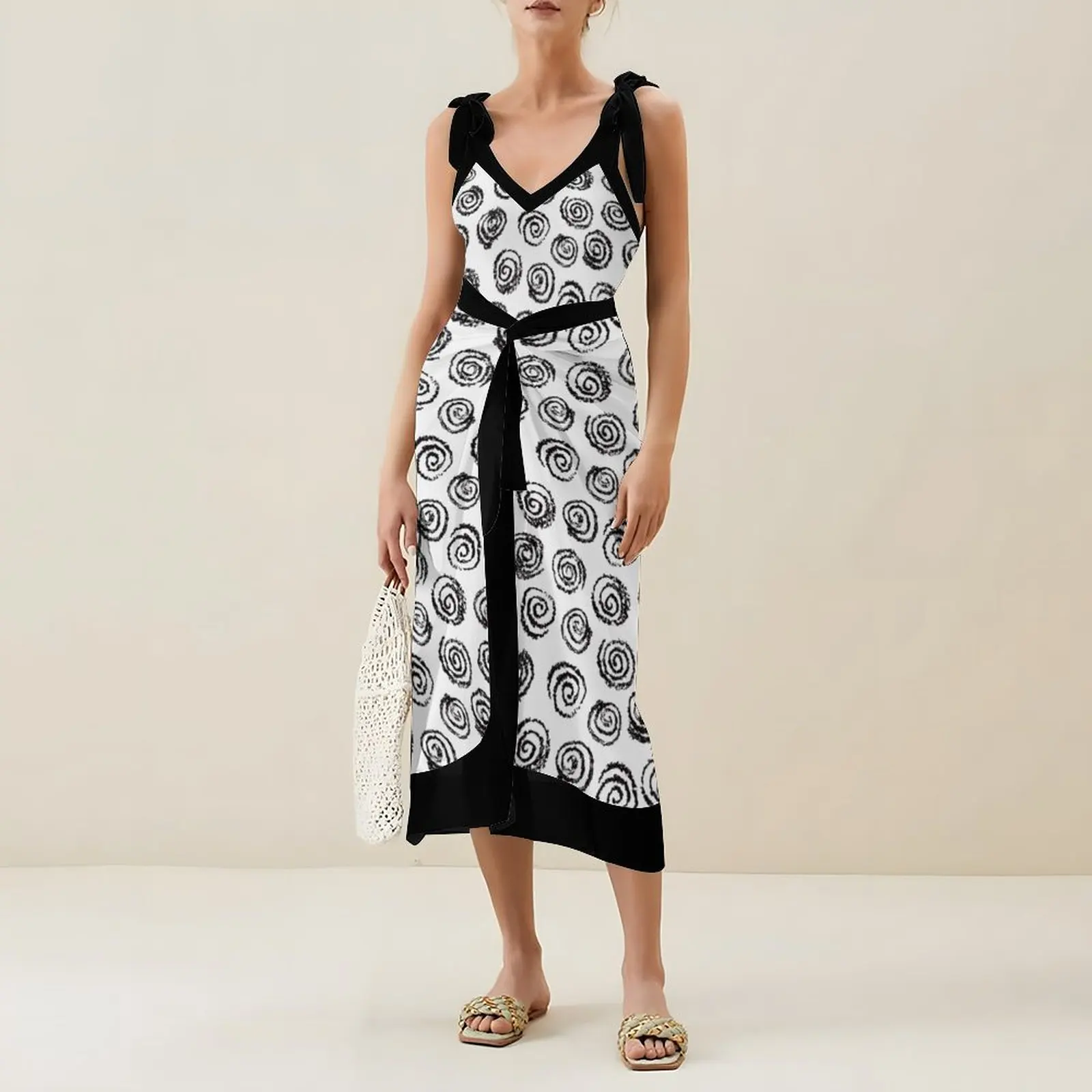 Women 2 Piece Hollow Out Sleeveless Bikini Black Circle Print V-Neck Swimsuit Fashion Bandage Sexy Beachwear Cover Up Beach Wear