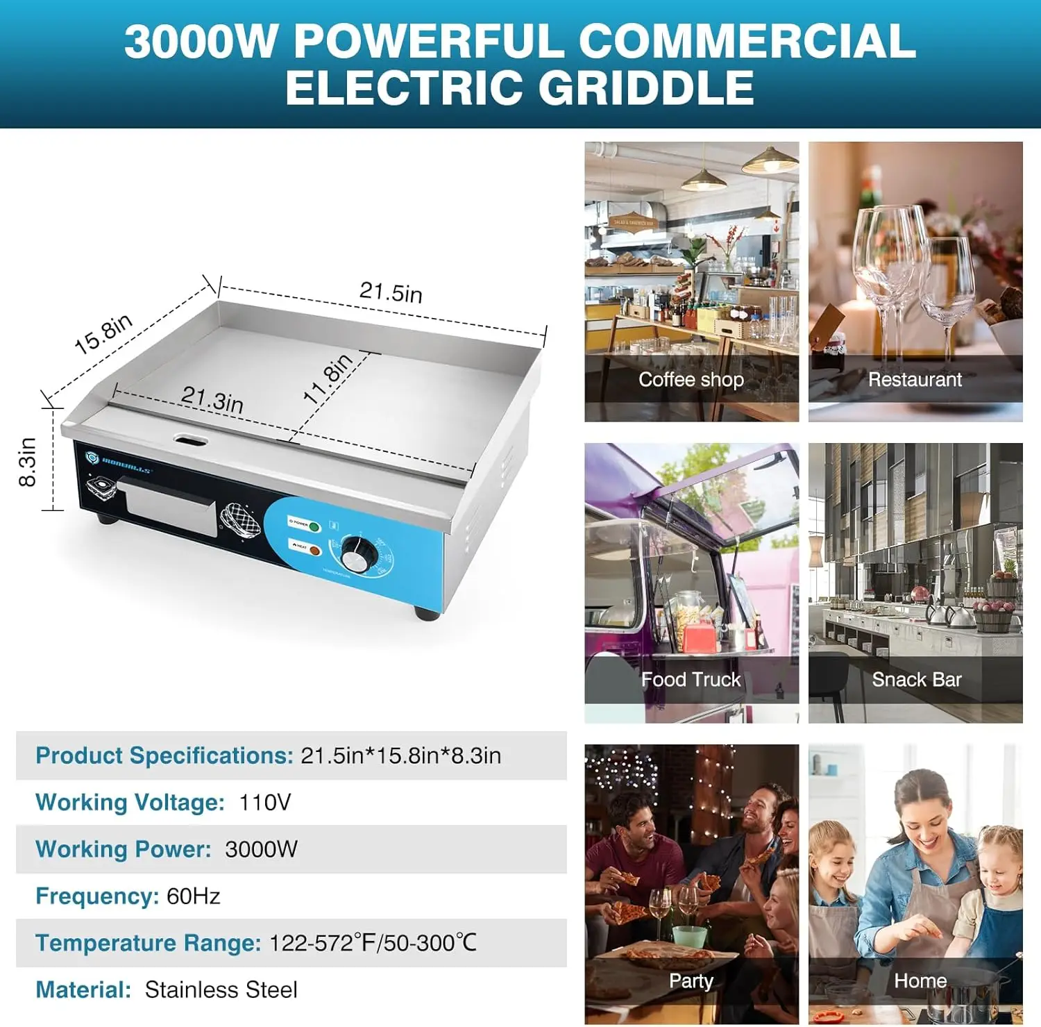 Electric 22”, 3000W Electric Flat Top Grill, Stainless Steel Countertop Electric Griddle Nonstick with 122~572℉Adjustable Temper 2