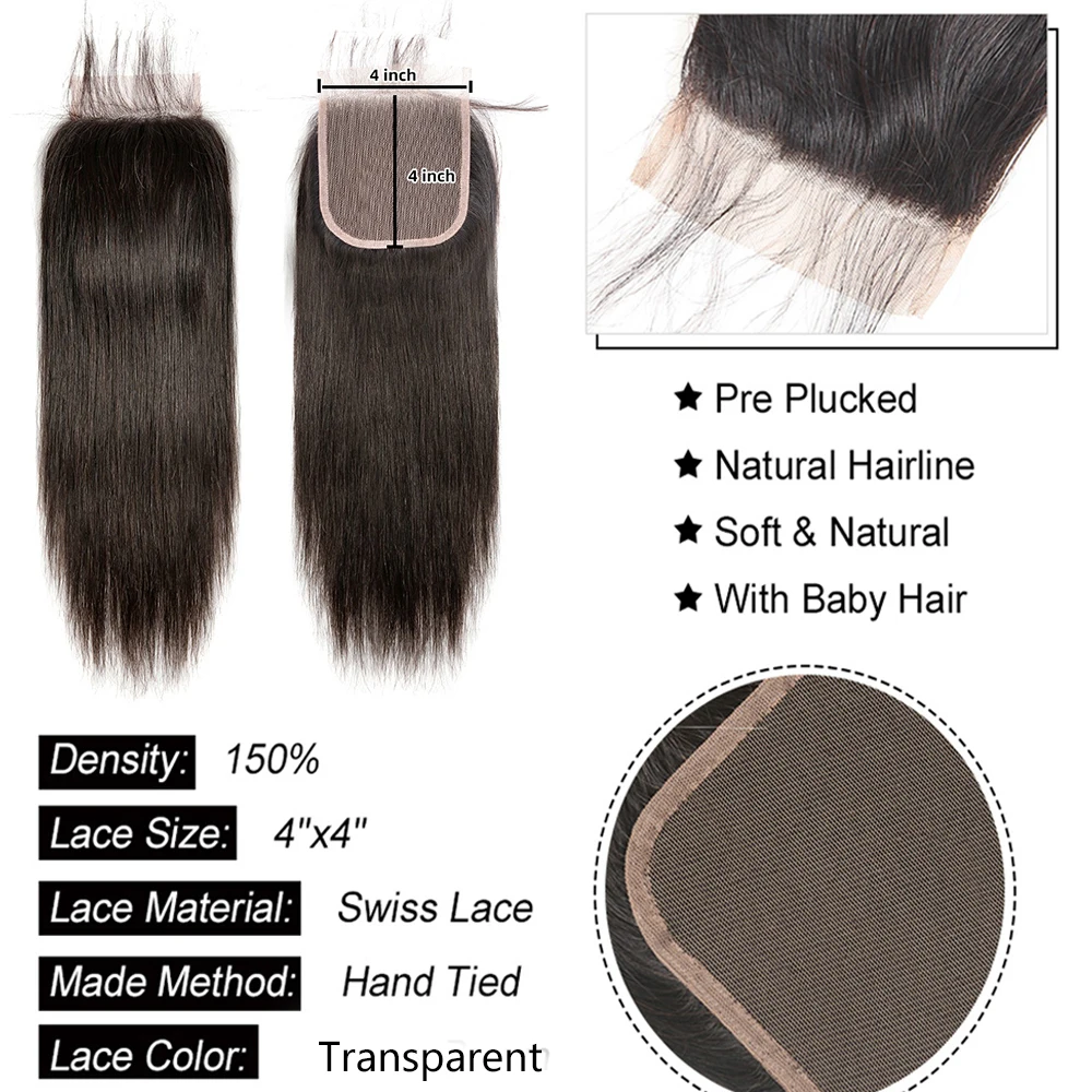 4x4 5x5 6x6 13x4 Lace Frontal Closure Straight Human Hair Transparent For Woman human hair lace closure