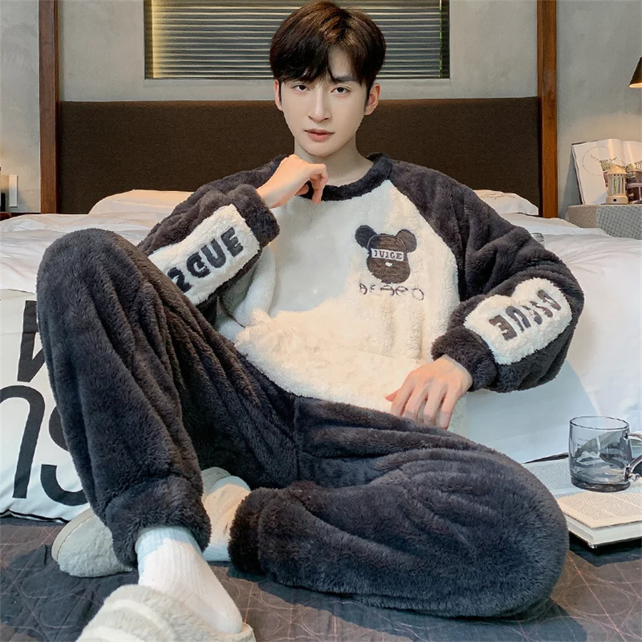 

Coral Fleece Pajama Sets Men Winter Warm Sleepwear Pullover + Long Pants 2Pcs Thick Longewear Casual Homewear Men's Clothes