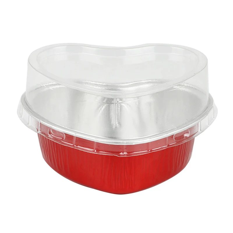 Hot!!10Pcs 100ml Aluminum Foil Cake Pan Heart Shaped Cupcake Cup with Lids Flan Baking Pans for Mother's Day Wedding Birthday