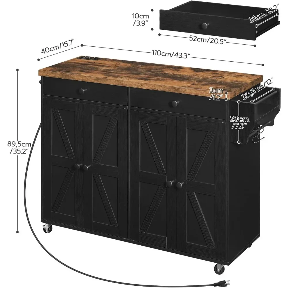 Kitchen Island with Charging Station, Rolling Kitchen Island with Storage, Cart Spice Rack and Hooks