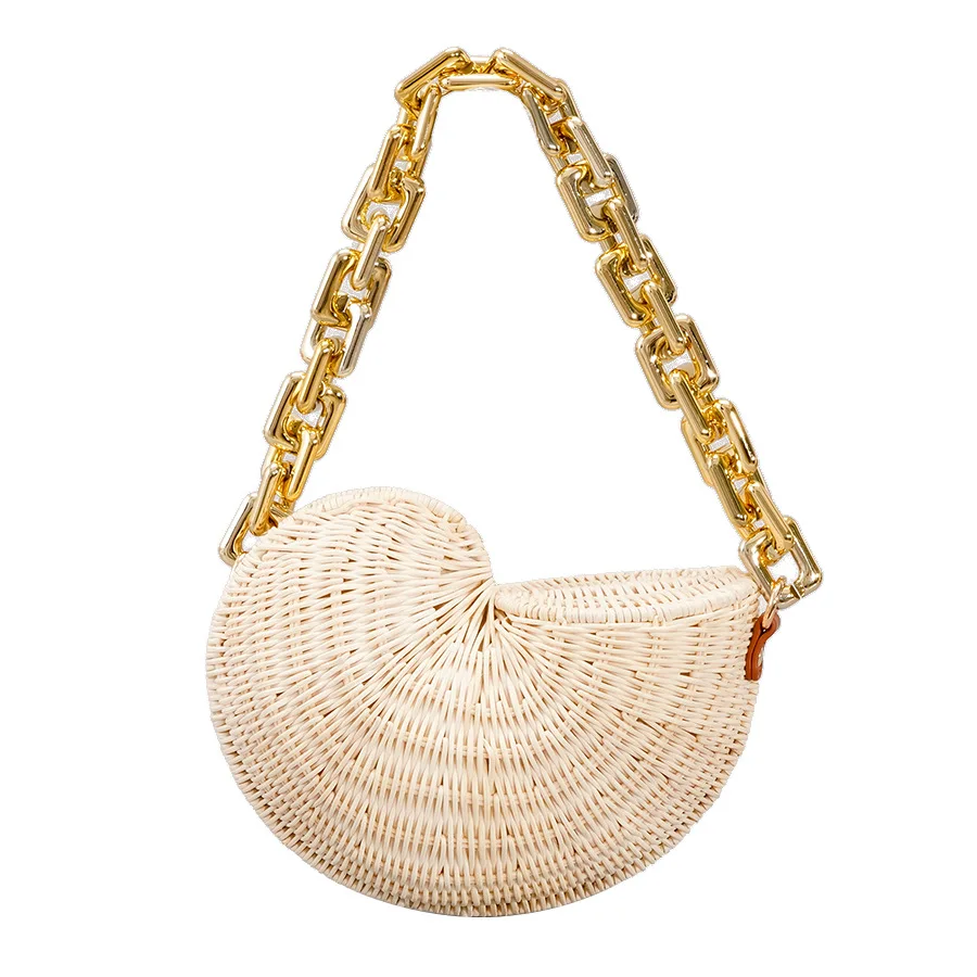 Metal Bag Chains Boho Crossbody Beach Bags Women Handwoven Bohemian Shell Rattan Straw Shoulder Bags for Girls