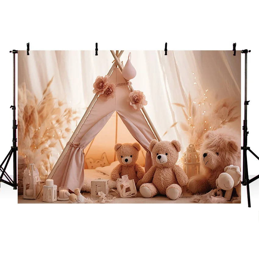 Pano de Fundo de Fotografia Mehofond-boho Bebê 1st Birthday Toy Grama Pampas Festa Camping Tent Decor Photo Background Estúdio Prop Urso - Image 5