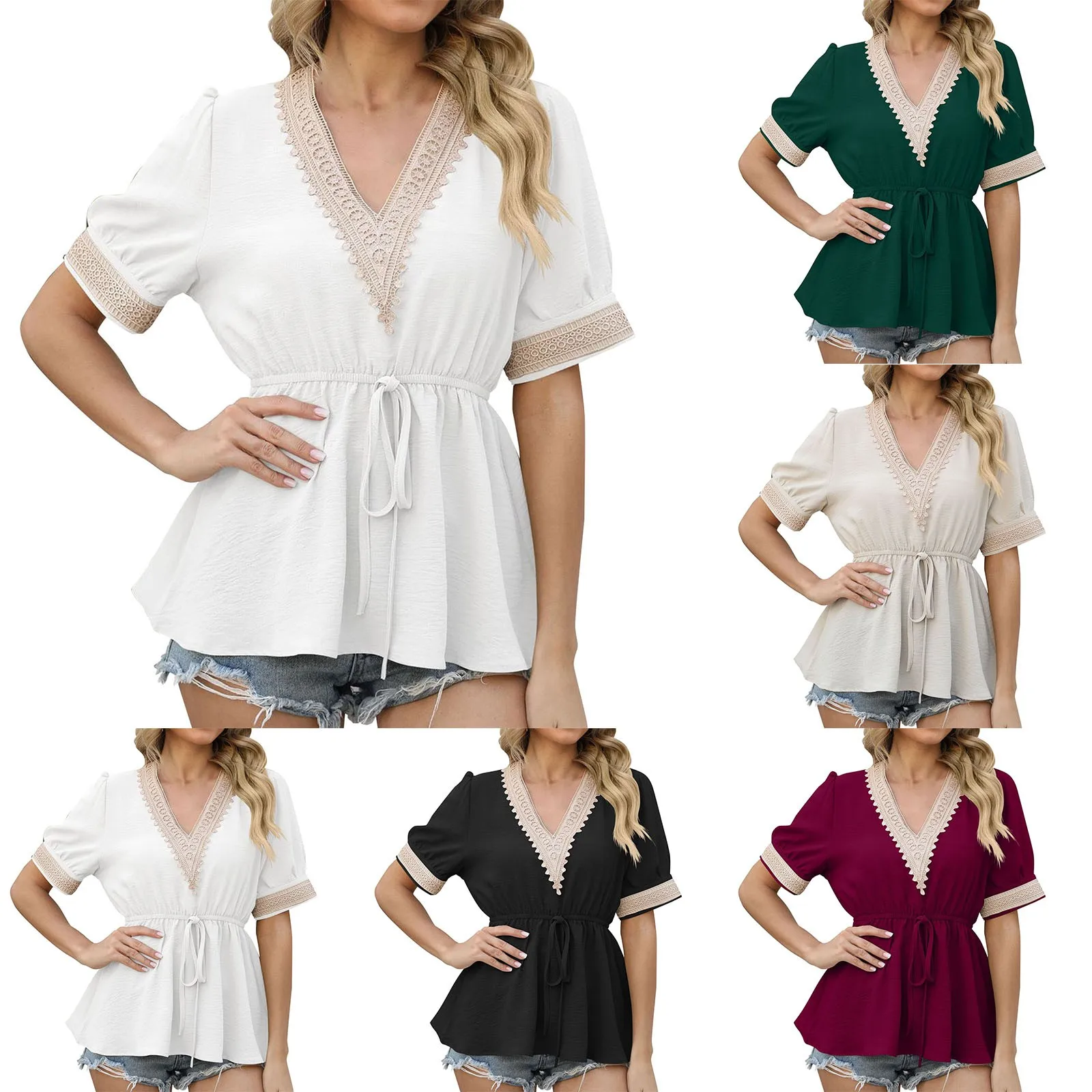 

Athletic Top 2023 Summer New V Neck Lace Short Sleeve T Shirt Waisted Shirt Elegant Long Sleeve Work Out Shirts Long Sleeve Teen
