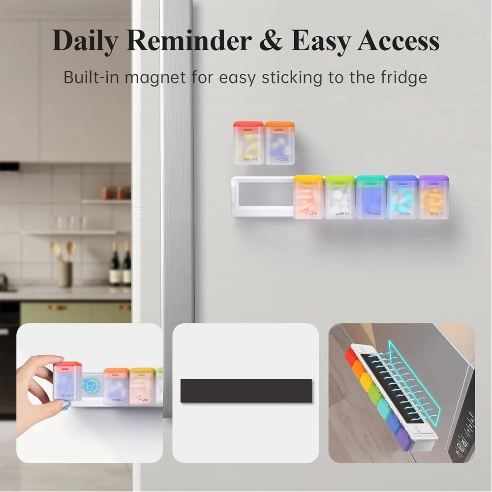 Medication Dispenser Medicine Container Holder for Supplement Vitamin Weekly Pill Organizer Magnetic Removable Pill Box
