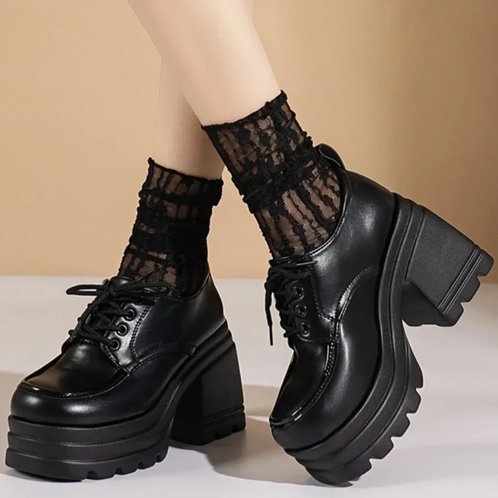 Lolita Shoes for Women 2024 New Autumn Lace Up Loafers Girls Students JK Uniform High Heels Platform Shoes Cosplay Female Shoes