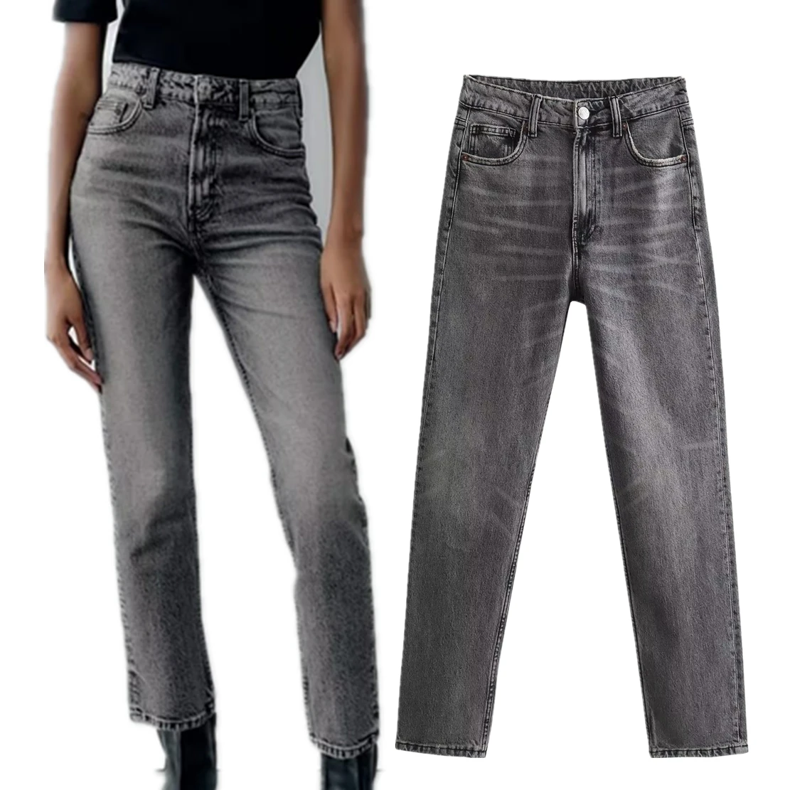 

Elmsk Vintage Mommy Jeans High Street Washed Old Straight Leg Jeans Women Casual Denim Pants