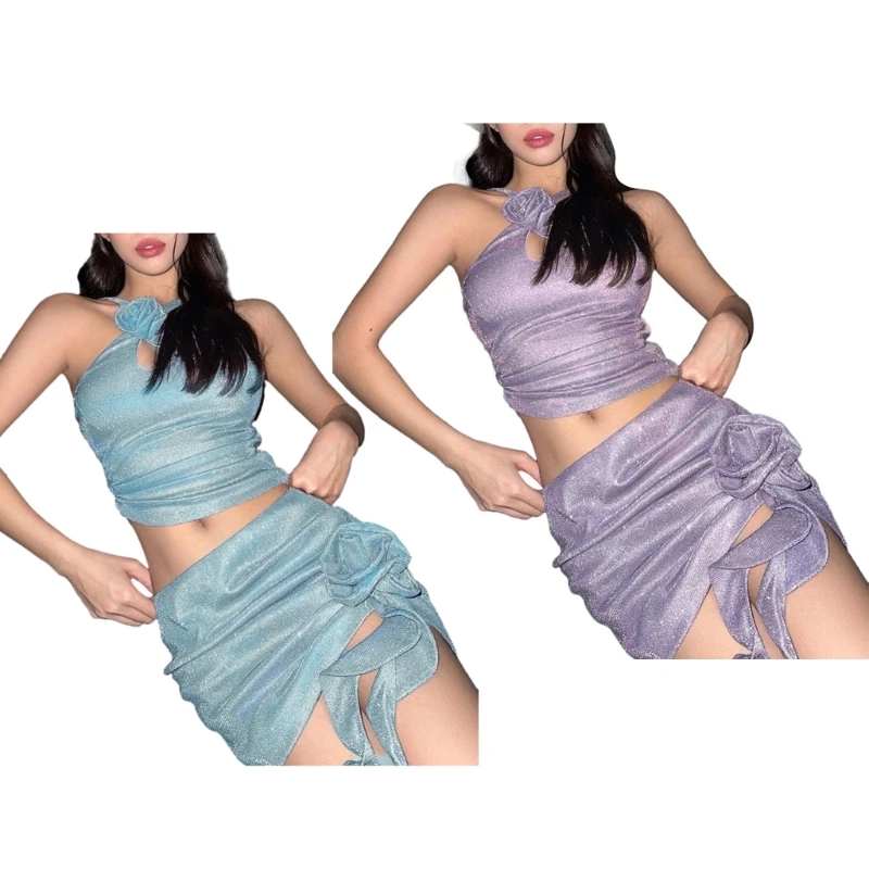 

Open Back Cropped Vest Streamers Pearl-lustre Shining Skirts for Womens Summer