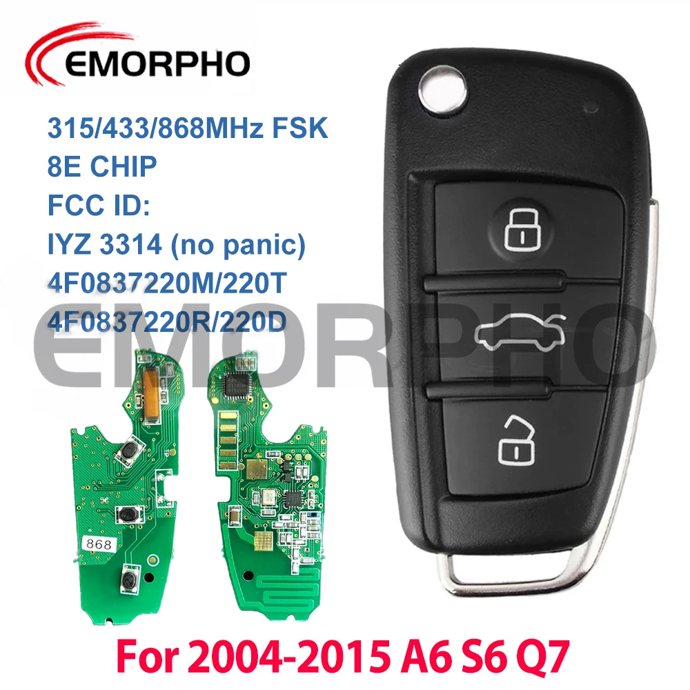 EMORPHO 3 Buttons Remote Fob Flip Key 8E Chip 315 434 868 MHZ For 2006-2015 A6 Q7 S6 IYZ 3314 4F0837220R 4F0837220M 4F0837220T