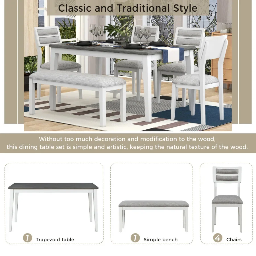 6 Piece Dining Set, 1 Dining Table, 4 Upholstered Chairs & Bench Classic Traditional Style living room furniture(White+Gray)