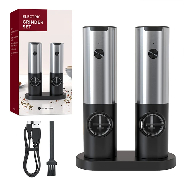 Rechargeable Electric Salt And Pepper Grinder Set With Charging Base  Stainless Steel Automatic Salt Spice Grinder Pepper Mill