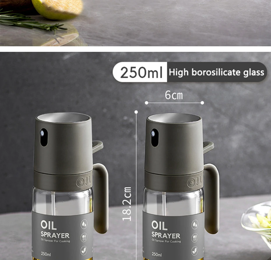 Oil Spray Bottle 250ml High Borosilicate Glass Cooking Oil Dispensers Olive Oil Sprayer Mister for Air Fryer Salad Baking