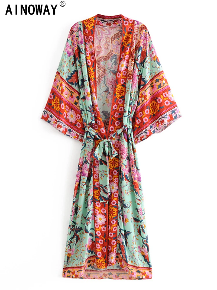 Beach Cover Boho Women Peacock Print Bat Sleeve Kimono Robe