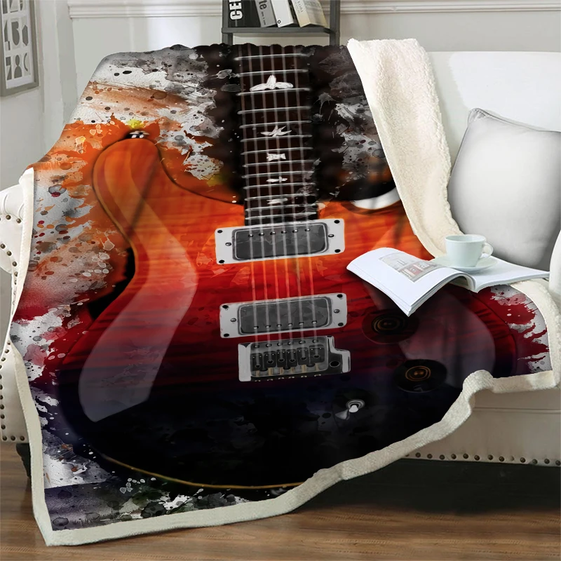 

Retro Big Guitar Print Travel Picnic Blankets Soft Warm Bedding Plush Throw Blanket Home Decor on Beds Sofa Crib Plane Nap Cover